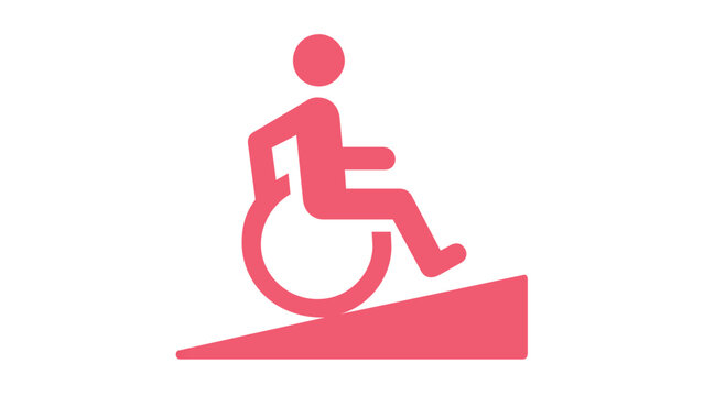 Red vector icon illustration of a person in a wheelchair on a ramp, representing accessibility, disability rights, and inclusive UX UI design for web and mobile apps. Minimalist flat design.