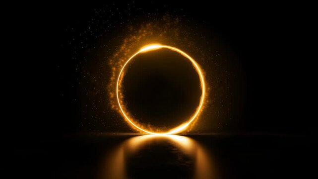 A solar eclipse concept with a glowing ring of fire on a black background with reflection presented as.