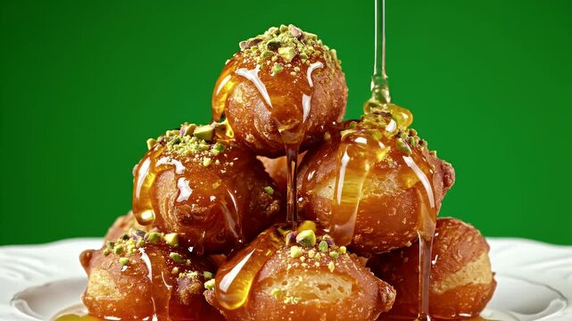 Turkish Lokma Fried Dough Balls Drizzled with Golden Honey Syrup and Topped with Chopped Pistachios on a White Plate Against a Vibrant Green Background with Detailed Texture and Studio Lighting