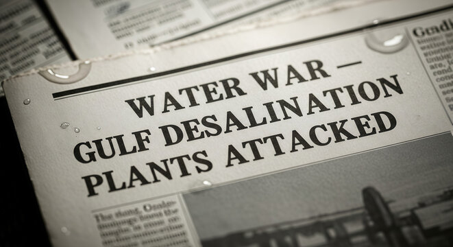 Newspaper headline announcing a water war and attack on desalination plant in the Gulf. Concept of global water crisis, geopolitical security threat, and critical infrastructure danger.