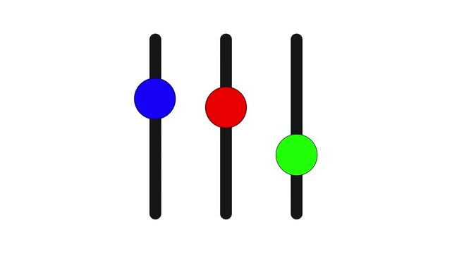 Animated colorful sliders moving on vertical tracks. Concept of audio equalizer, control panel settings, and volume adjustment.
