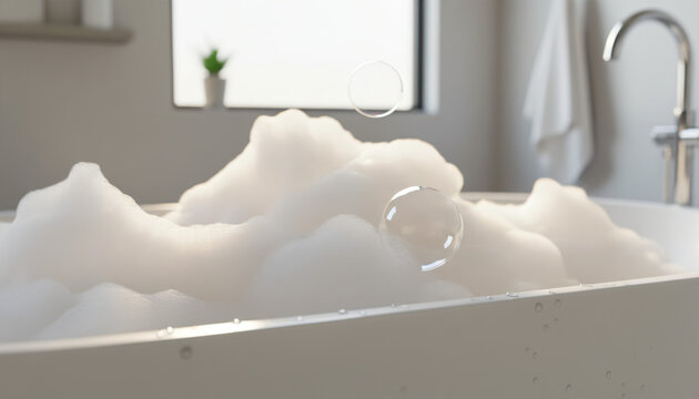 A bathtub filled with abundant white foam and floating bubbles, set in a bright, modern bathroom with a faucet and window in the background.