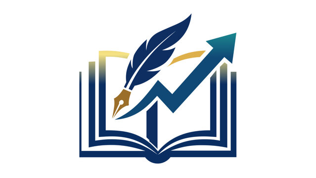 Vector illustration of an open book with a quill pen and a rising arrow graph, symbolizing educational growth, academic success, publishing progress, and financial literacy icon on white background.