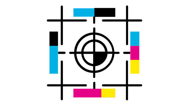 Professional vector illustration of a printing registration mark featuring CMYK color bars and target crosshairs. Minimalist flat icon for prepress, offset printing, and design industry.