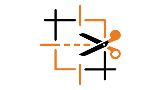 Scalable vector icon illustration of scissors cutting along a dashed line with crop marks and registration crosses, ideal for print media production, trimming, and graphic design layout services.