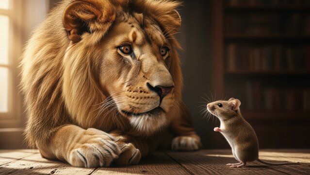 Lion's Silent Dialogue: A majestic lion and a small mouse face each other, the lion's gentle gaze meeting the mouse's curious one in a scene of unexpected companionship.