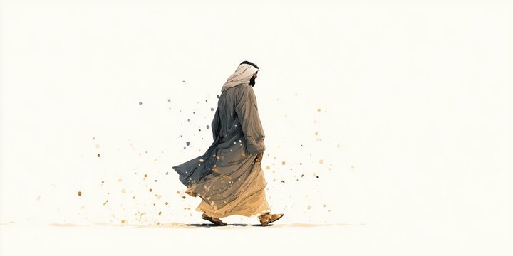 a simple watercolor illustration of an arabic man in long robes walking away, with splashes and dust particles flying around, on white background Generative AI