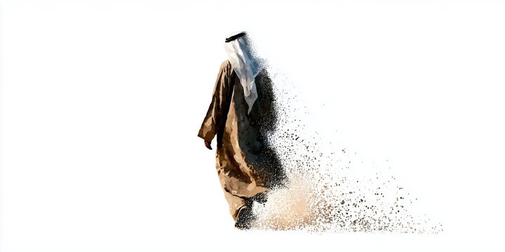 watercolor silhouette of an arab man walking away, with sand particles on a white background Generative AI