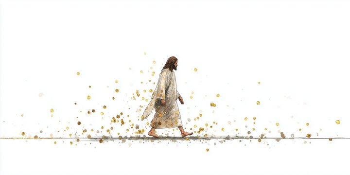 a simple minimalist watercolor icon of jesus walking on the beach, with gold glitter dust particles floating in the air, muted colors, a white background Generative AI