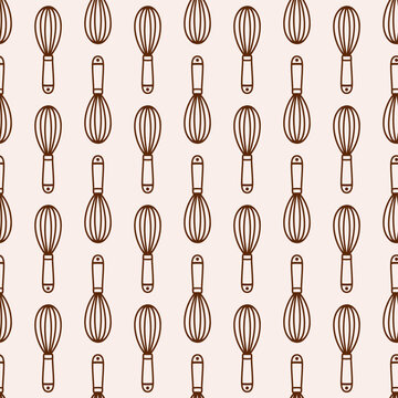 Seamless pattern with whisks on beige background. Minimal brown outline vector Print