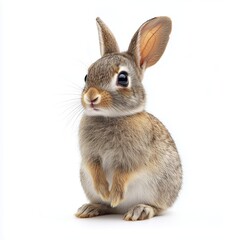 Fototapeta premium Cute brown rabbit sitting on hind legs looking curious with big eyes on white background