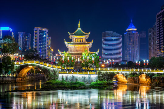 The night view of Jiaxiu Tower in Nanming District, Guiyang City, Guizhou Province, China