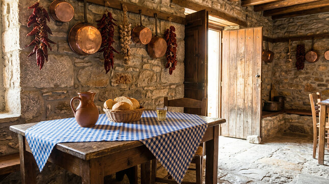 Traditional Greek Taverna Interior with Copper Pots and Dried Herbs