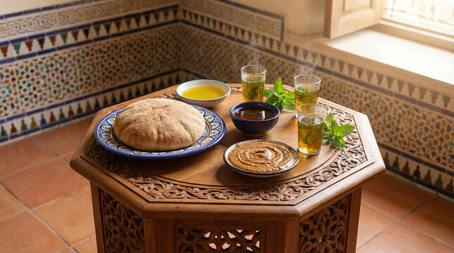 Traditional Moroccan Breakfast with Khobz and Argan Oil