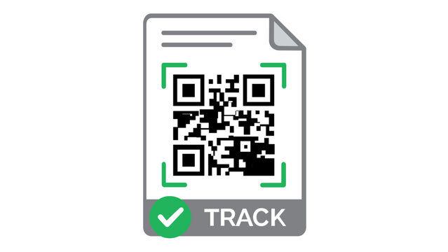 Flat vector icon illustration of a package tracking document with a scannable QR code, green focus corners, and a track label with a checkmark for shipping, logistics, and delivery status.
