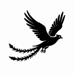 Fototapeta premium Elegant Black Silhouette of a Single Mythical Phoenix Bird in Mid-Flight, Minimalist Flat Vector Illustration of a Flying Rebirth Symbol Isolated on White Background for Tattoo or Logo Design