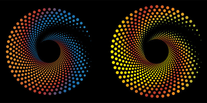 Half tone circle. Round dotted frame, circles pattern border and abstract halftone graphic design vector set