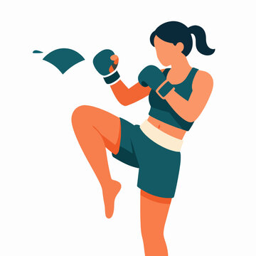 A single Southeast Asian woman Muay Thai fighter performing a powerful mid-air knee strike in a professional gym setting, energetic mood, wearing athletic teal gear, fitness and martial arts concept.
