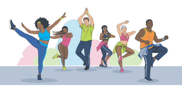 Energetic Zumba Dancers Group Fitness Vector Illustration
