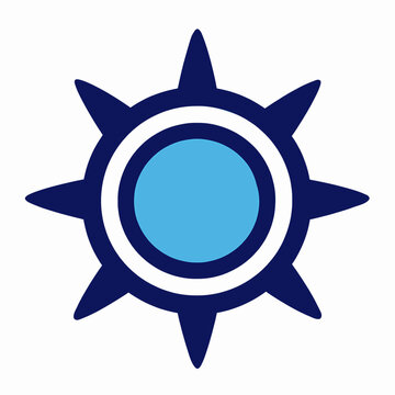 Minimalist flat vector illustration of a single Zia sun symbol, indigenous New Mexico cultural icon, sacred solar geometry, blue and navy circular emblem isolated on white background.