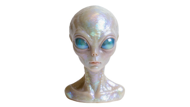 Isolated futuristic alien bust with large blue eyes and iridescent pearlescent skin, science fiction