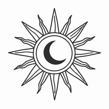 Mystical Celestial Sun and Moon Flat Vector Illustration, Sacred Geometry Esoteric Symbol for Astrology and Tarot, Minimalist Black Line Art Isolated on White Background for Spiritual Branding