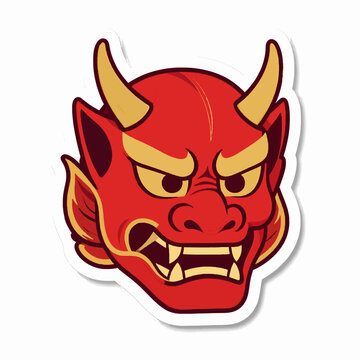 Fierce Japanese dragon head mask with red and gold scales, traditional oriental folklore style flat vector illustration isolated on white background for stickers and graphic design.