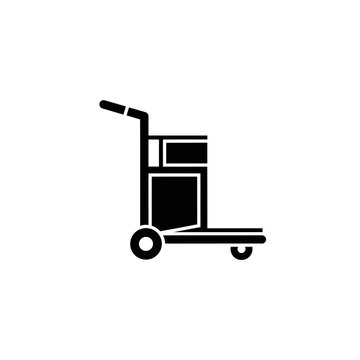 Illustration of a black silhouette of a luggage cart with wheels and handle, ideal for travel or hotel services