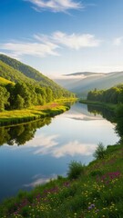 Fototapeta premium Serene River Valley: The image captures a picturesque scene of a tranquil river winding its way through a lush green valley under a clear blue sky. Reflecting the beauty of nature.