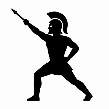 Powerful Black Silhouette of a Single Ancient Greek Spartan Warrior Man in a Dynamic Spear Thrusting Pose, Brave Adult Male Soldier in Corinthian Helmet and Cape, War and History Concept.