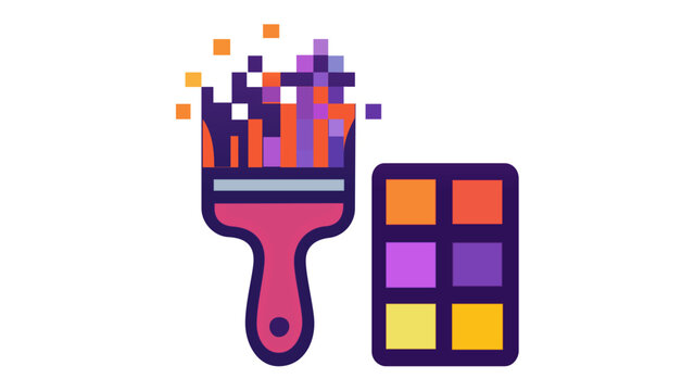 Colorful digital art vector icon illustration featuring a paintbrush with pixelated bristles and a vibrant color palette, ideal for creative design, software tools, and artistic projects.