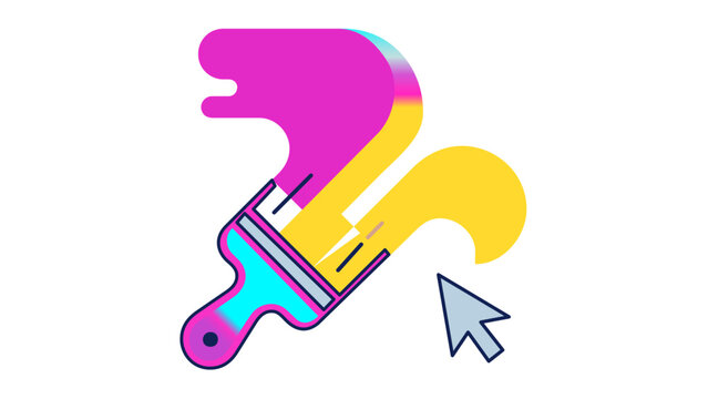 Vibrant vector icon illustration of a digital paintbrush creating a colorful neon gradient stroke with a computer mouse cursor, representing graphic design, creative art tools, and software.