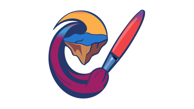 Vibrant vector illustration of a creative paintbrush swirling around a floating island, representing digital art, design tools, and imaginative landscape creation in a modern flat icon style.