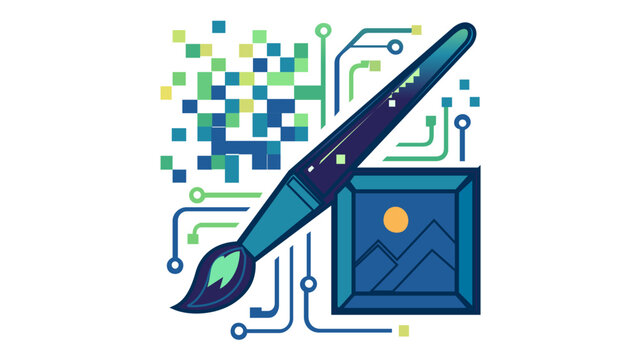 AI-generated vector illustration of a digital paintbrush with circuit board lines and pixel art, representing modern graphic design, creative technology, digital art software, and innovation.