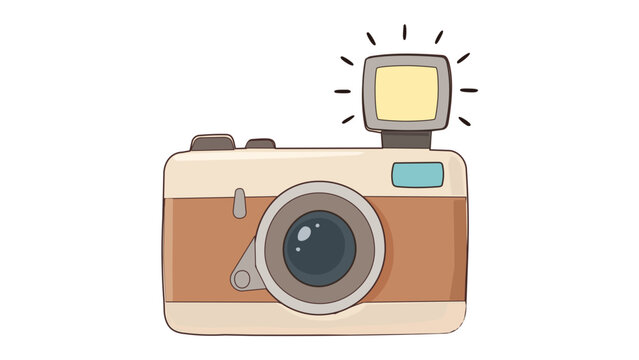Retro vintage camera vector icon illustration with a bright glowing flash, featuring a classic beige and brown design, ideal for photography, travel, media, and creative digital art projects.