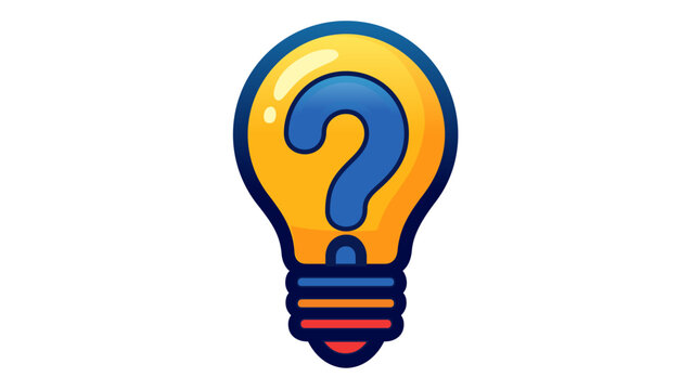 Vibrant vector icon illustration of a glowing yellow light bulb featuring a blue question mark, symbolizing brainstorming, problem-solving, curiosity, innovative thinking, and creative ideas.