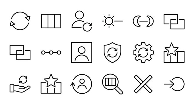 Maximum ultra-simplified shift management and roster web icons in line art style. Symbols of work rotations, staff scheduling, and shift blocks. Clean black and white vector illustration with editable