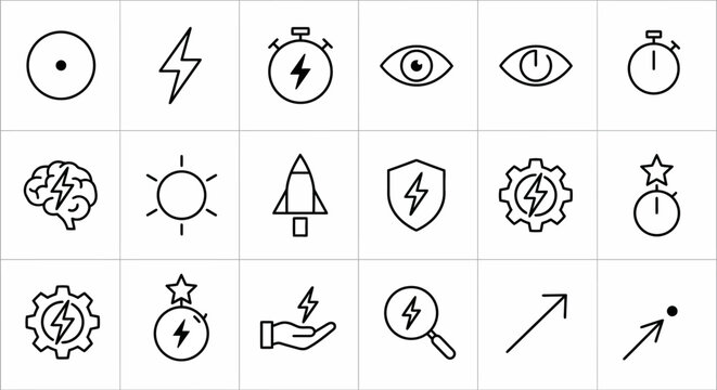 Maximum ultra-simplified productivity and focus web icons in line art style. Symbols of deep work, efficiency, and high-performance timing. Clean black and white vector illustration with editable stro