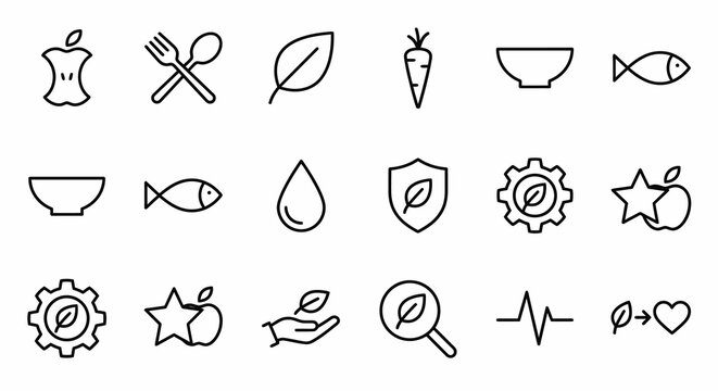 &Iacute;cones web de nutri&ccedil;&atilde;o e dieta ultra-simplificados em estilo line art. S&iacute;mbolos de alimenta&ccedil;&atilde;o saud&aacute;vel, vitaminas e equil&iacute;brio nutricional. Arte vetorial limpa em preto e branco para aplicativos de d