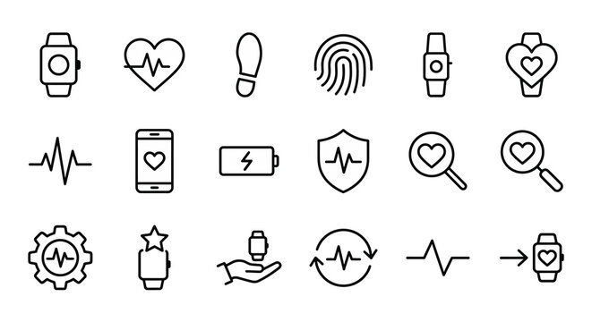 &Iacute;cones web de monitoramento de sa&uacute;de e wearables ultra-simplificados em estilo line art. S&iacute;mbolos de tecnologia vest&iacute;vel, biometria e rastreamento de atividades f&iacute;sicas. Arte vetorial limpa em preto e