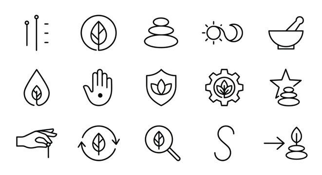 &Iacute;cones web de sa&uacute;de hol&iacute;stica e terapias alternativas ultra-simplificados em estilo line art. S&iacute;mbolos de acupuntura, fitoterapia e equil&iacute;brio energ&eacute;tico. Arte vetorial limpa em preto e branco para cl