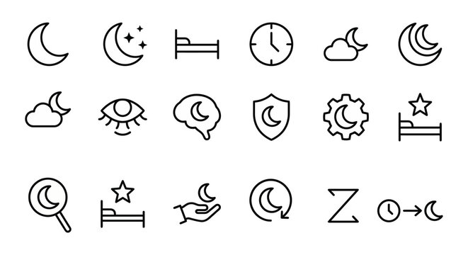 &Iacute;cones web de sono e recupera&ccedil;&atilde;o ultra-simplificados em estilo line art. S&iacute;mbolos de descanso, rastreamento de sono e ciclos noturnos. Arte vetorial limpa em preto e branco para aplicativos de bem-est