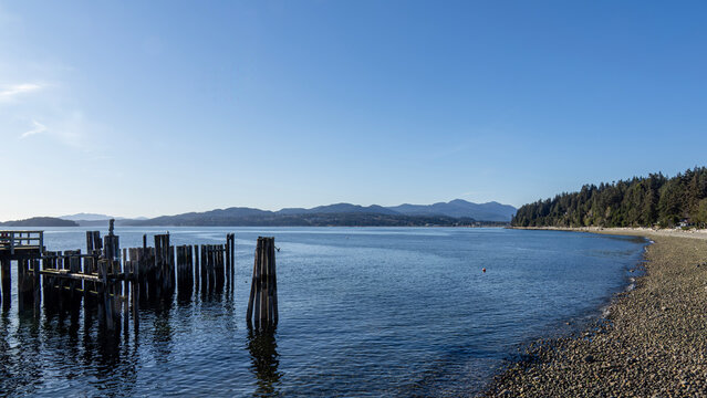 Scenic coastal views of Sunshine Coast piers and beaches in British Columbia Canada