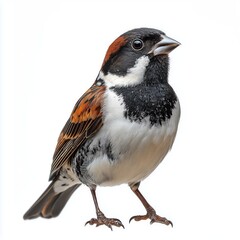 Naklejka premium A house sparrow standing on a white background with a mix of brown, black, and white feathers on its body