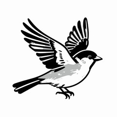 Fototapeta premium Minimalist Black and White Flat Vector Illustration of a Single Sparrow Bird Flying with Wings Spread Upward, Vintage Woodcut Style Engraving Graphic for Nature and Wildlife Design Concepts