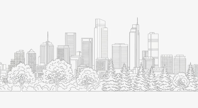 Cityscape Line Drawing: Modern Skyline with Trees and Greenery
