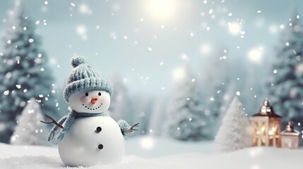 Fototapeta premium Cozy Winter Snow Scene with Smiling Snowman Under Falling Snow and Warm Village Lights