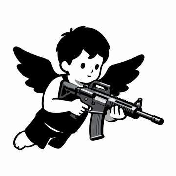 Black and White Flat Vector Illustration of a Single White Male Cherub Angel Aiming a Tactical Rifle, Minimalist Celestial Being Holding a Firearm for Conceptual Art and Modern Graphic Design