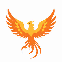 Fototapeta premium Majestic phoenix bird with spread wings in flat vector illustration style, mythical fire creature symbol of rebirth and strength, isolated on white background, vibrant orange and yellow colors.