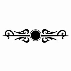 Naklejka premium Minimalist Black Ornamental Horizontal Divider Vector Illustration, Elegant Symmetrical Flourish with Circular Motif for Page Decoration, Isolated Graphic Design Element on White Background